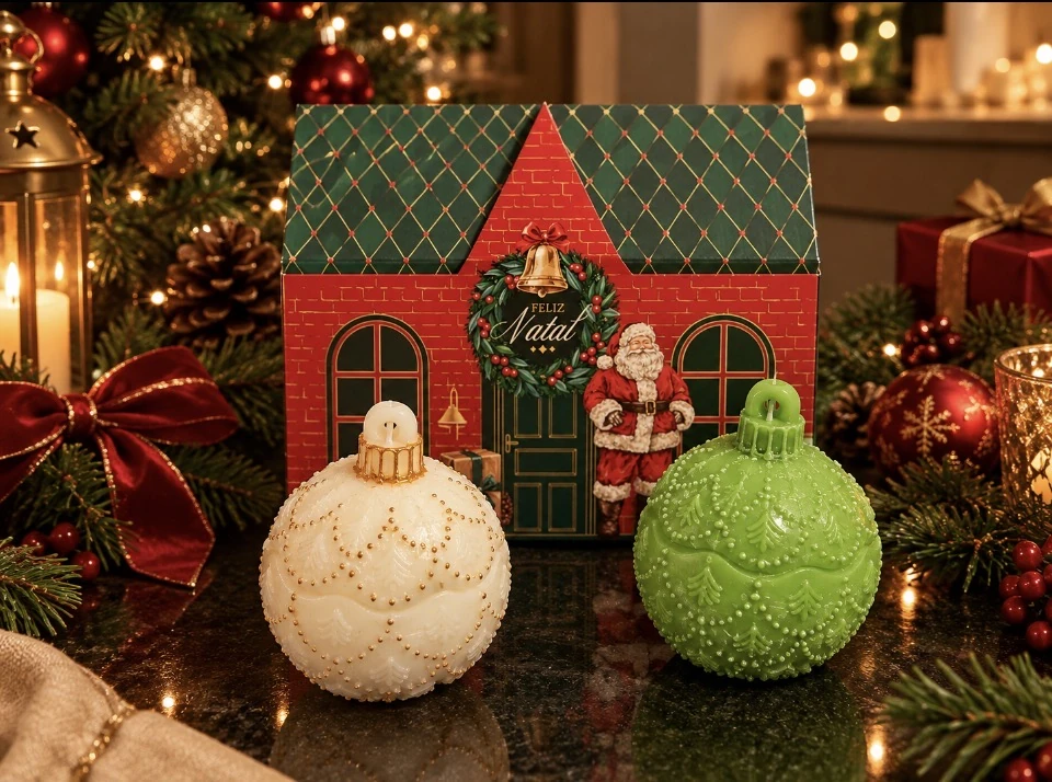 Duas velas em formato de bolas natalinas, uma clara com detalhes dourados e outra verde, diante de uma casinha